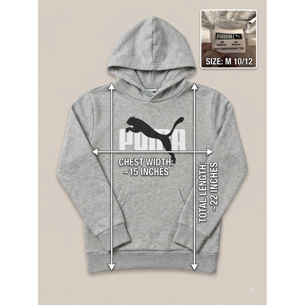 Puma Boys Hoodie Gray Pullover Logo Sweatshirt Size M 10/12 Athletic Fleece